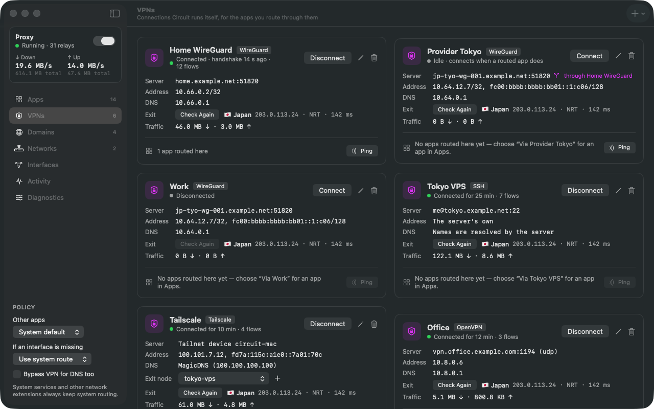 Circuit's VPNs section: WireGuard, SSH, Tailscale and OpenVPN connections, each showing where it exits